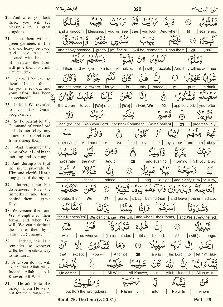 Quran English Parah 29 Page 29